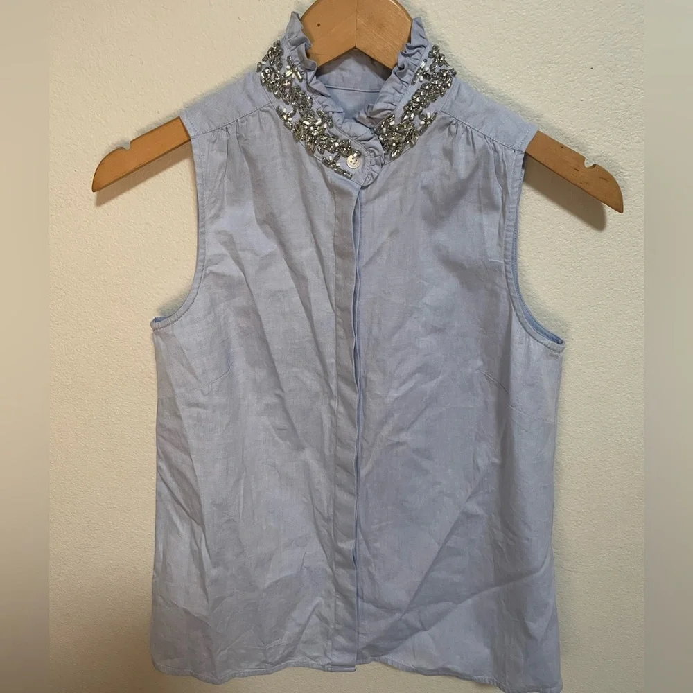 J.Crew Chambray Jeweled Ruffle Collar Oxford‎ Blouse Tilda Rhinestone Size 0